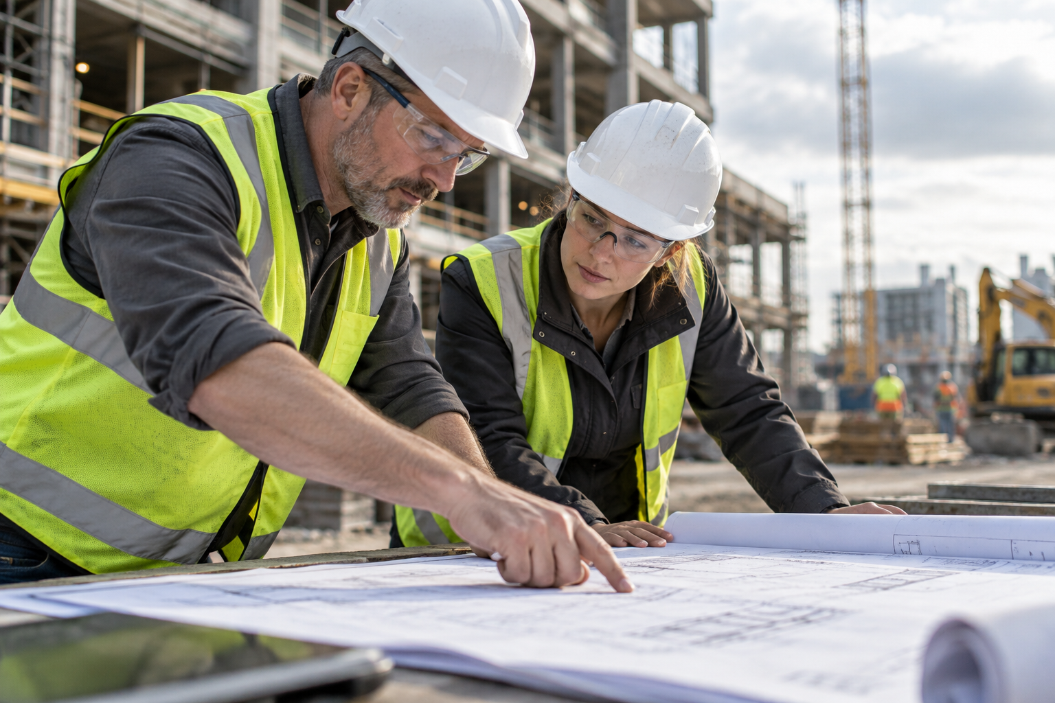 Construction professionals reviewing project drawings.