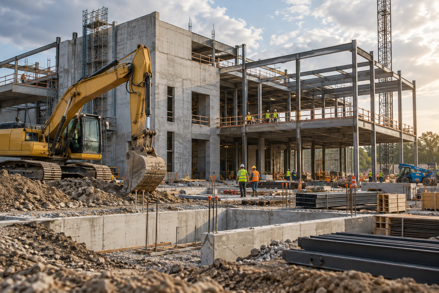 Commercial construction site with an excavator and building work.