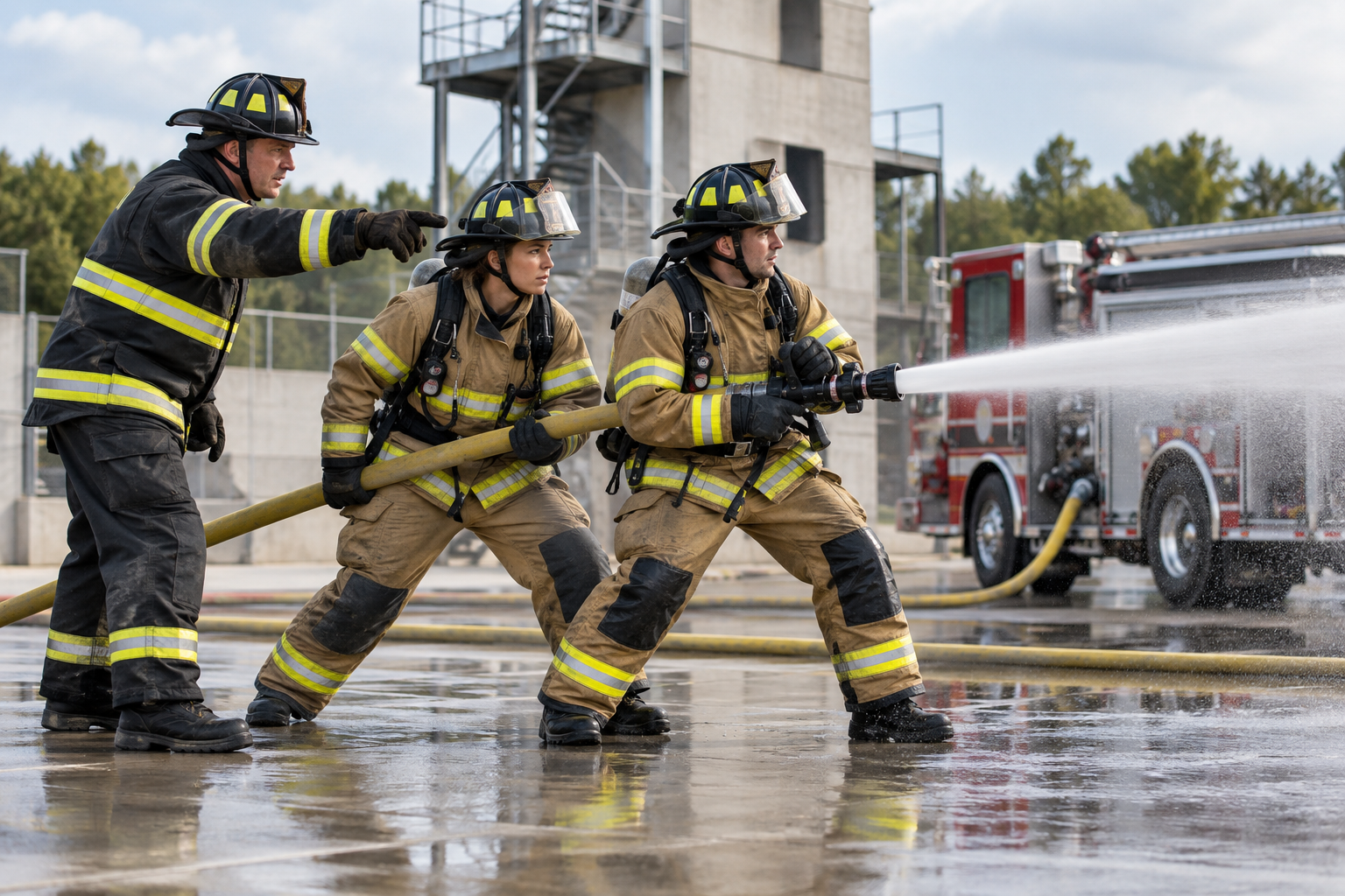Firefighters practicing hose handling at a training facility.