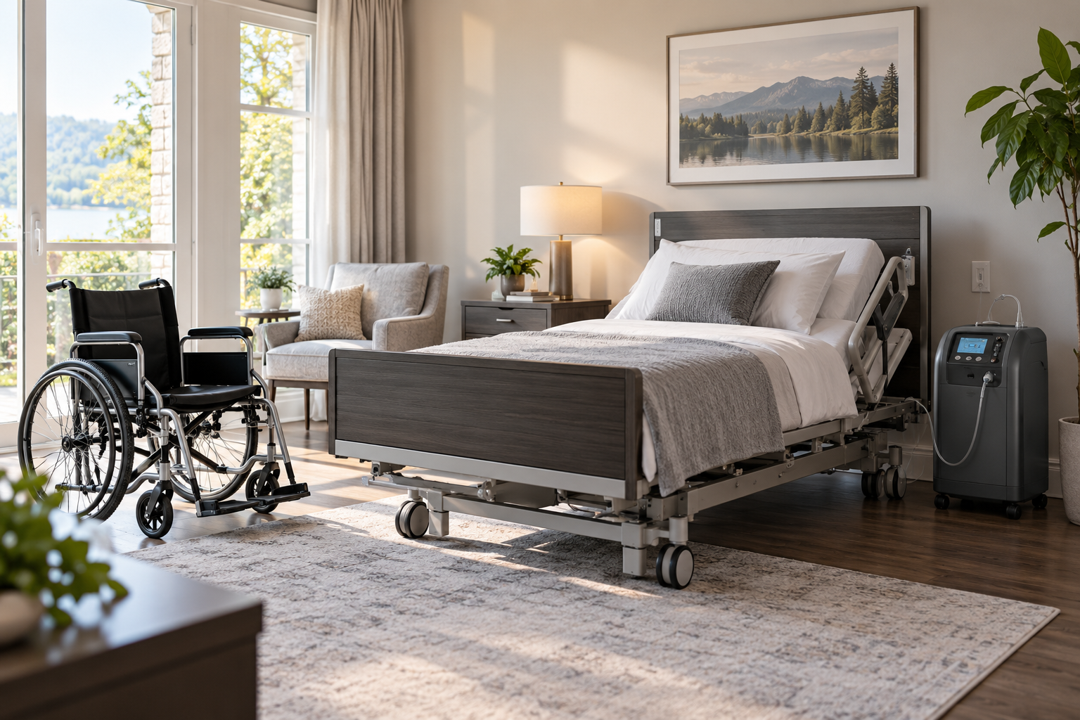 Accessible home care room with a medical bed, wheelchair, and oxygen equipment.