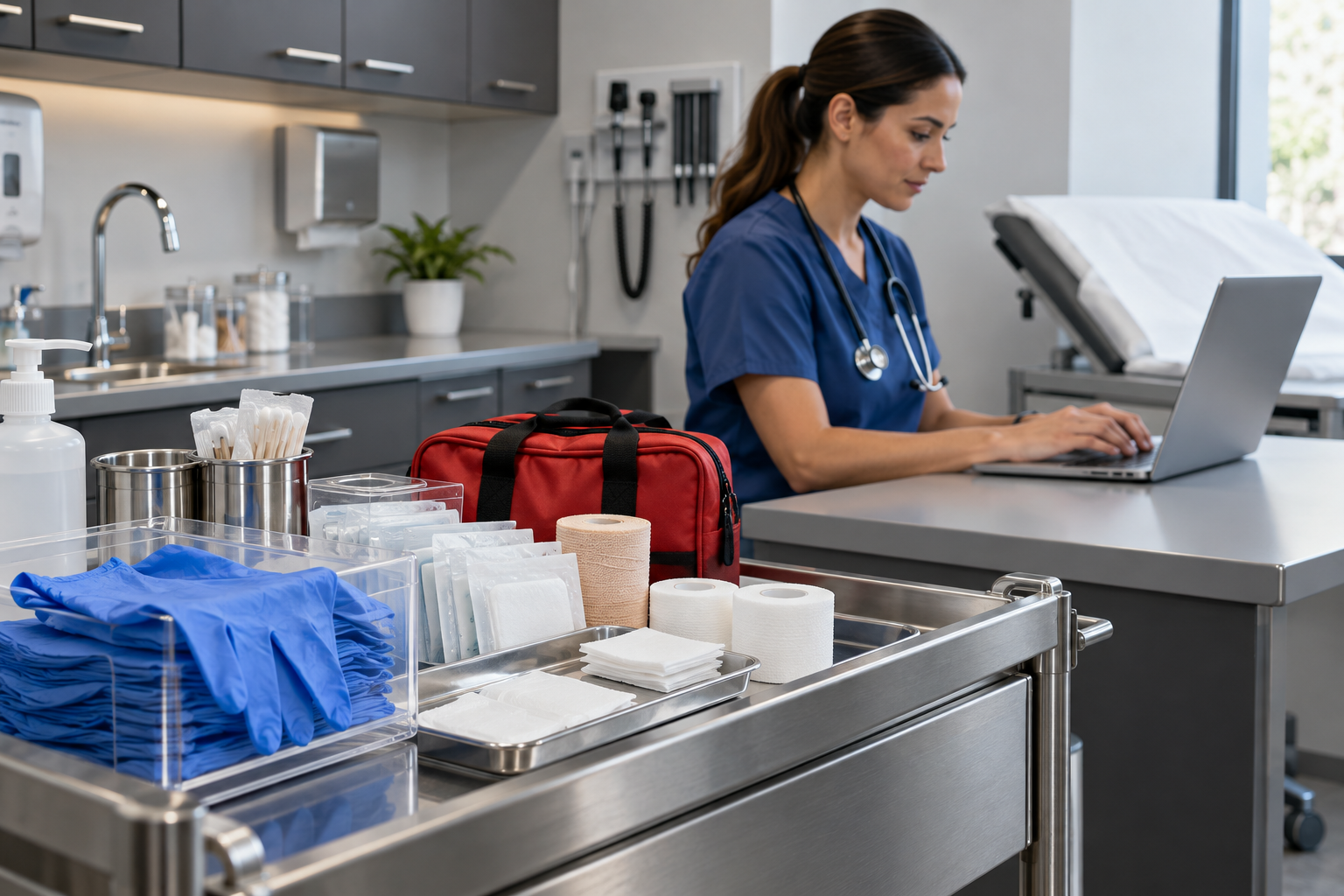 Medical supplies and a clinician reviewing healthcare software.