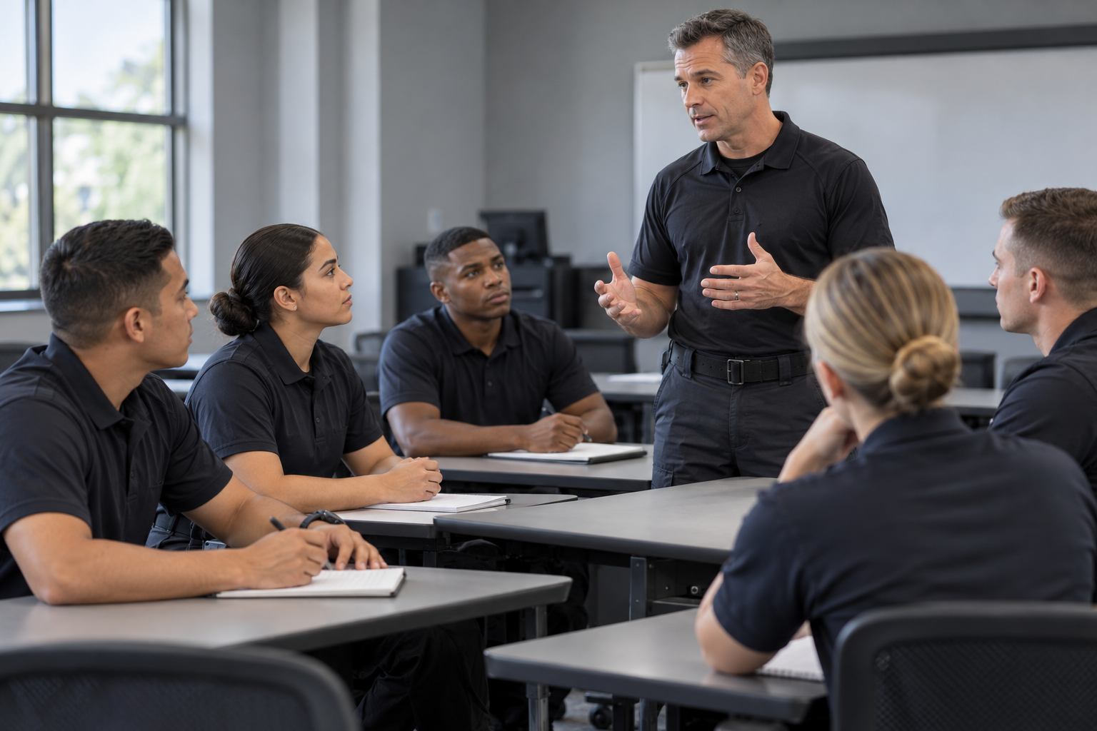 Police trainees participating in a classroom discussion.