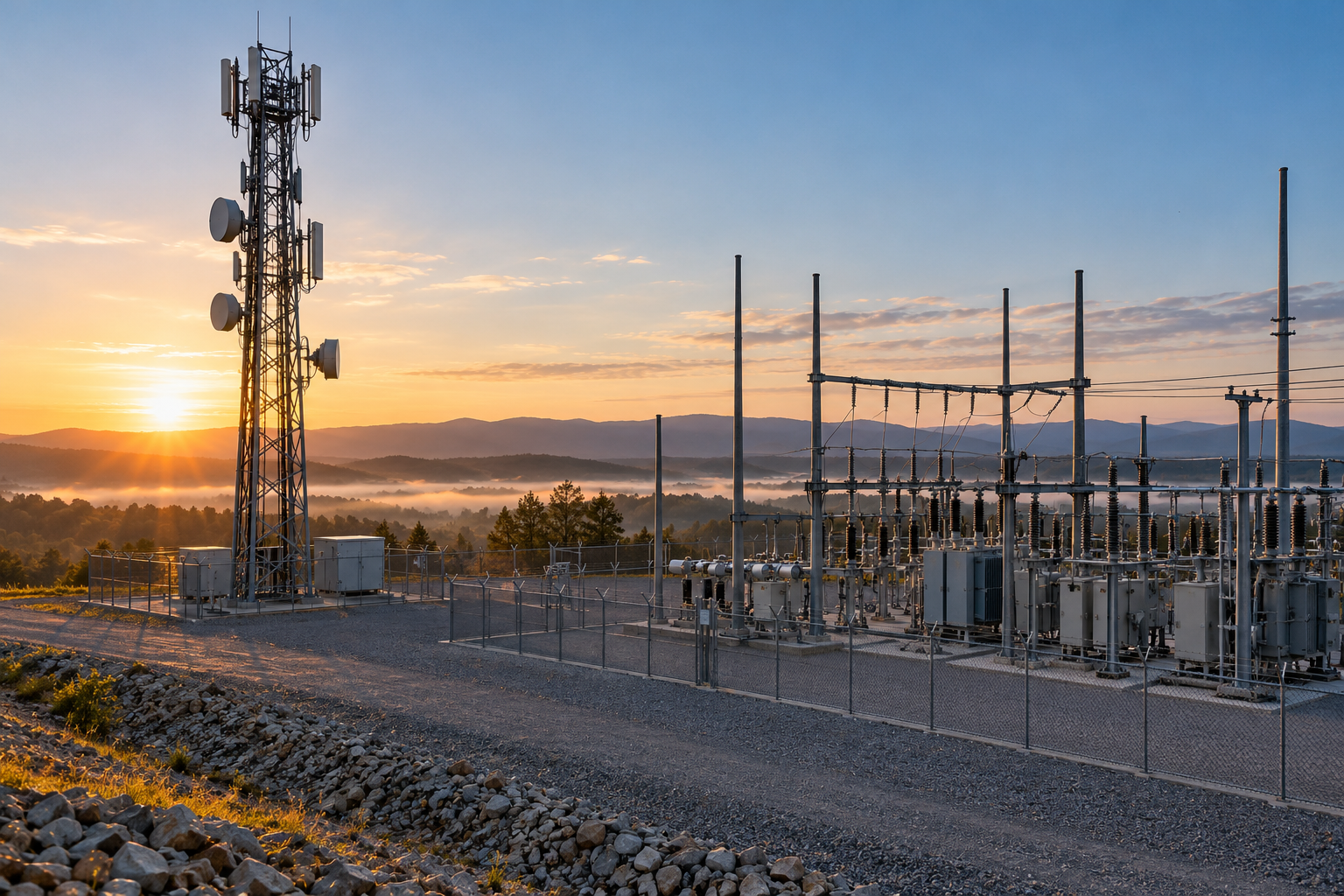 Cell tower and electrical utility infrastructure.